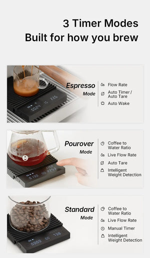 Černá kávová váha s několika režimy časovače a přesností pro espresso a přípravu, baristické příslušenství, vše o kávě.