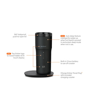 Elektrický cestovní hrnek na kávu černý V2 - 355 ml s dotykovým displejem a černou nabíjecí podložkou, elegantní design.
