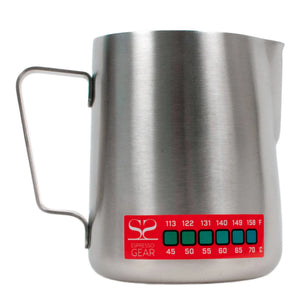 Teploměr Attento -Espresso Gear mlékovar z nerezové oceli se zabudovaným indikátorem teploty pro espresso.